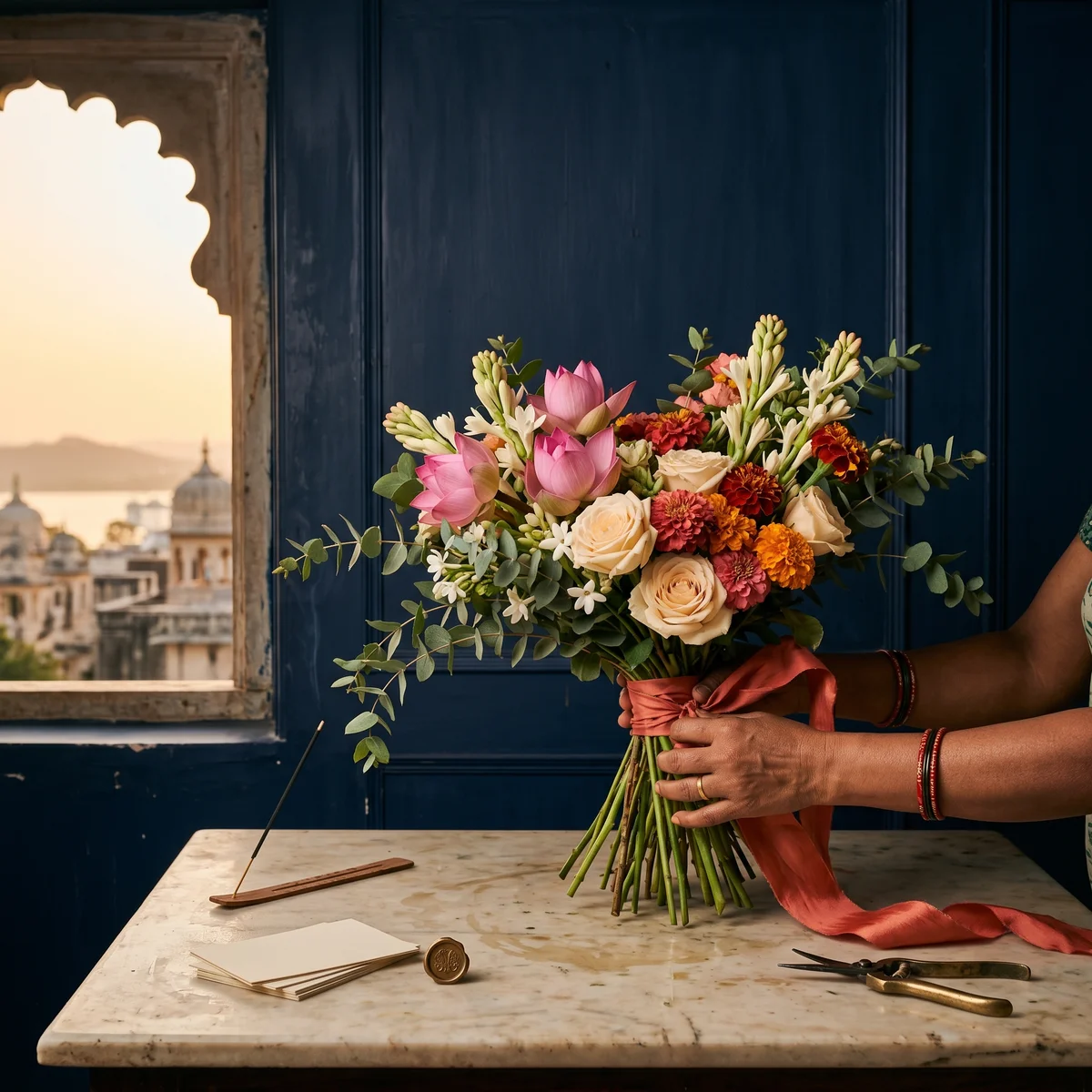 A Taal Blooms florist hand-tying a couture lotus and rose bouquet in the Bhopal atelier, lake-city window beyond