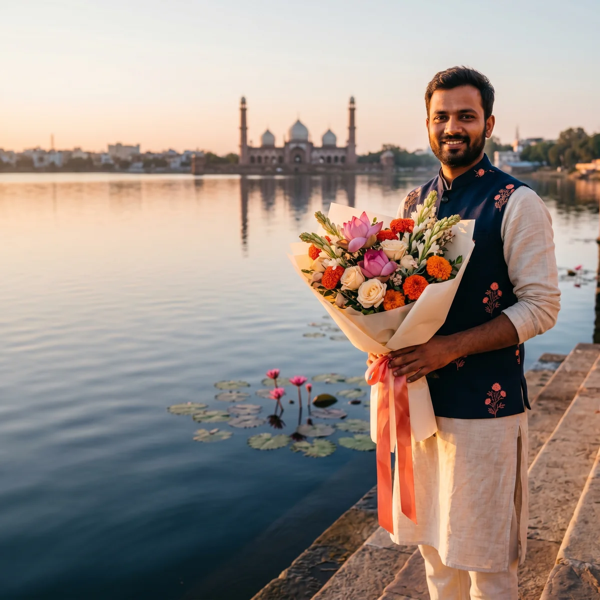 A Taal Blooms courier on the Upper Lake ghat in Bhopal, ready to deliver a lotus bouquet, lotus pads on the water